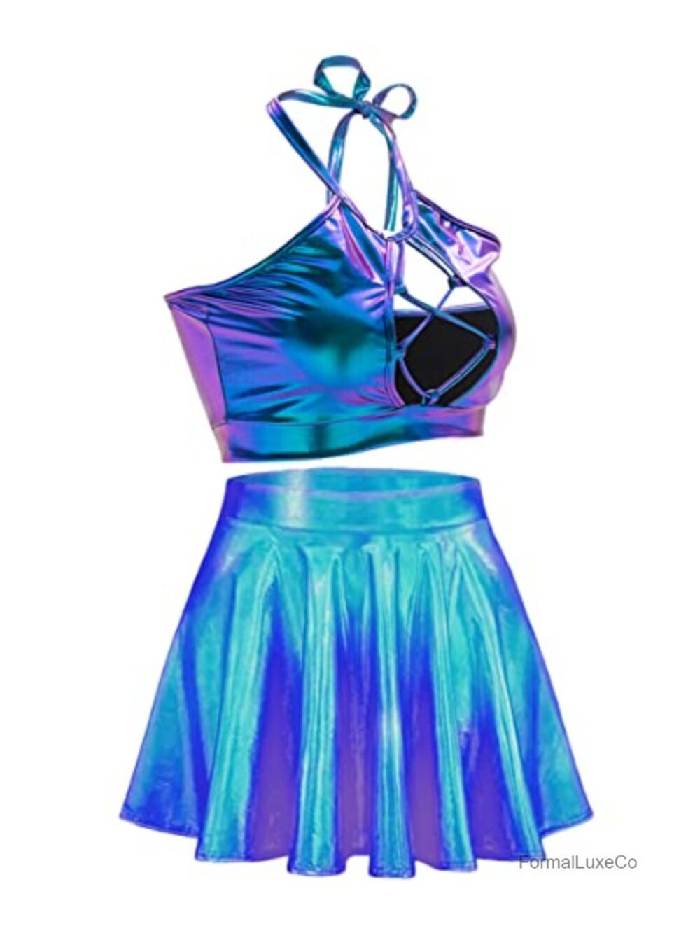 Metallic 2 Piece Rave Outfit Set Women Festival Holographic Crop Top Skirt